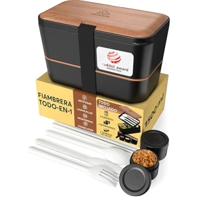 Imagen de Umami Fiambrera Para Comida De Trabajo, Bento Lunch Box, Apilable, Con 4 Compartimentos, Cubiertos, Botes Salsa, Caja Almuerzo, Apta Microondas, Porta Alimentos 100% Hermética