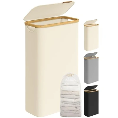 Imagen de SONGMICS Cesto de Ropa Sucia con Tapa, Cesta Delgada, 65 L, Ahorra Espacio, Forro Malla Extraíble, Tejido Oxford, Asas Bambú, Plegable, 42 x 22,5 70,5 cm, Blanco Crema LCB506W01