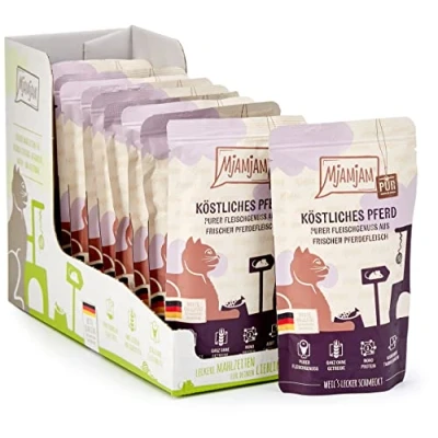 Imagen de MjAMjAM comida húmeda premium para gatos Quetschie pure meat enjoy tierno caballo pure, pack de 12 (12 x 125 g), sin cereales con extra carne