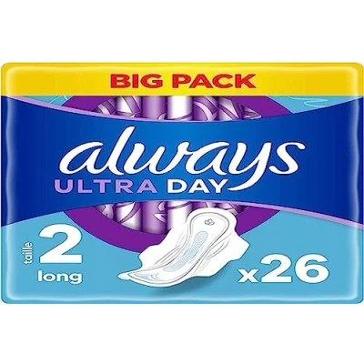 Imagen de Always Ultra Toallas Higiénicas, Tamaño 2, Largo, 26 Servilletas con Aletas, Flujo Moderado Día, Max Confort, Super Absorbentes y Ultrafinas