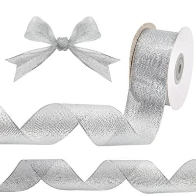 Imagen de Belle Vous Cinta Navideña Organza Plateada Metálica con Alambre Rollo de 23 m Largo, 40 mm Ancho Regalo Navidad, Manualidades, para el Árbol Decorar Fiestas, Envolver Regalos