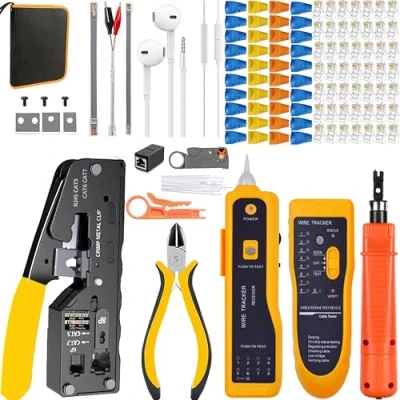 Imagen de MAYLINEE RJ45/CAT6 Herramientas de Crimpado para Pelador Cables red RJ45 Crimpadora CAT5/CAT5E RJ11/RJ12 con Probador LAN Pelacables Conector Alicates(Naranja)