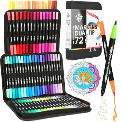 Imagen de ZENO Set Rotuladores 72 Doble Punta con Estuche Profesionales para Adultos y Artistas Brush Pen Fina Pincel Mandalas, Dibujos, Lettering Libros Colorear