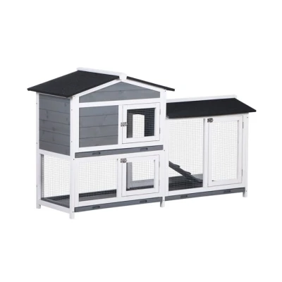 Imagen de PawHut Conejera de Madera Exterior Jaula para Conejos 2 Niveles con Techo Asfáltico Corrales Metal Bandeja Extraíble Puertas y Rampa 157,4x53x93,5 cm Gris