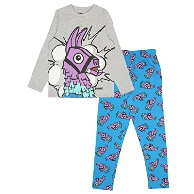 Imagen de Fortnite Long Pyjama Set for Boys, Loot Llama Crew Neck T Shirt with Pants Conjunto de Pijama, Azul/Blanco Heather Grey, 7 8 Years para Niños