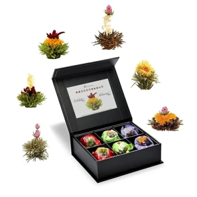 Imagen de Creano 6 Flores de Té en Caja Elegante y Magnética con Relieve Plata Blanco, Verde, Negro