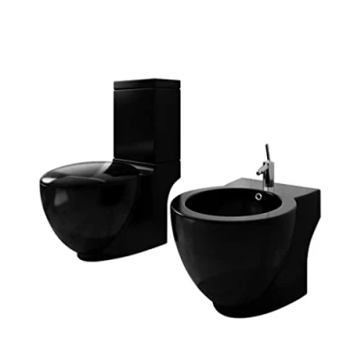 Imagen de vidaXL Set de Inodoro y Bidé Suelo Pie Cerámica Negro Váter WC Retrete Bidet
