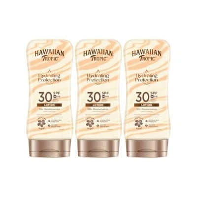Imagen de Hawaiian Tropic Silk Hydration Protective Pack 3 Loción Solar Protectora SPF 30 con cintas de seda hidratantes y resistente al agua, formato 180 ml.