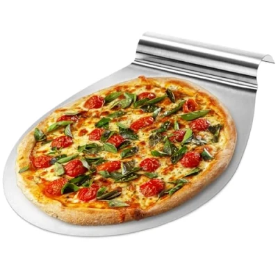Imagen de COM FOUR® Empujador de pizza acero inoxidable Servidor para pasteles y pizzas Pala hasta Ø 26 cm (color plateado redondo)