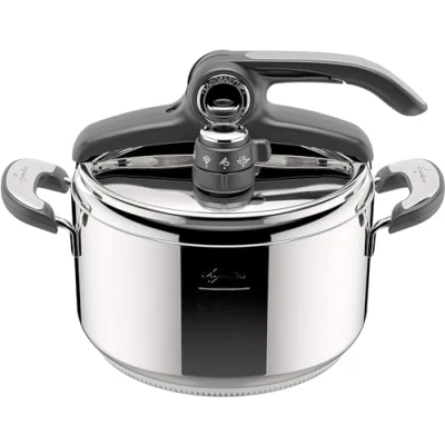 Imagen de Lagostina Novia Vitamina Lagoeasy&#039;UP Olla a Presión 5 L en Acero Inoxidable 18/10 Ø 22 cm, Inducción y Gas, Tapa Inteligente Apertura Fácil, con Cesta, Ecodose Recetario
