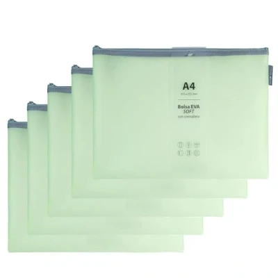 Imagen de Grafoplas Pack de 5 Bolsas con Cremallera EVA Soft a4, Verde Pastel, Tacto Suave, Zipper Bags Hechas Goma EVA, Ideal para Transportar y Proteger Todo Tipo Artículos Documentos