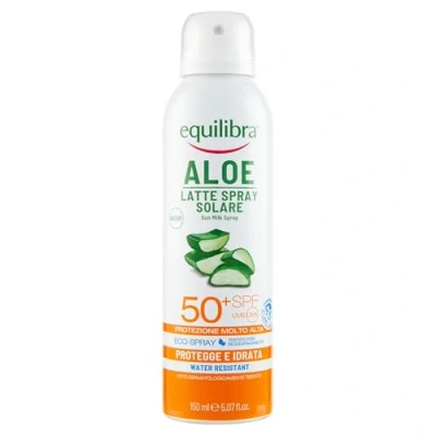 Imagen de Equilibra Protector Solar, Spray Leche Solar Spf 50+ con Aloe Vera, Aceite de Coco y Argán Vitamina E, Pieles Delicadas, Protege del Eritema Fotoenvejecimiento, Resistente al Agua, 150 ml