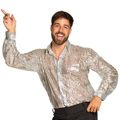 Imagen de Boland 02191 camiseta lentejuelas plateadas, camisa para hombre, de discoteca, carnaval, noche ayuno, Halloween, fiesta temática los años 70, color plata, L (02191)
