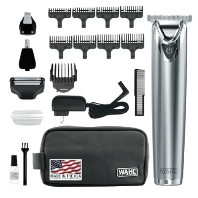 Imagen de Wahl recortadora de barba acero inoxidable iones litio 2.0+ para hombres, afeitadora eléctrica y orejas nariz orejas, kit aseo recargable todo en uno hombre,