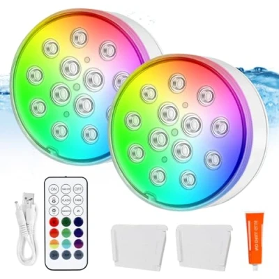 Imagen de iluminación de piscina subacuática con mando a distancia, 2 unidades recargables bajo el agua, luz LED subacuática, IP68 resistente al 16 colores, para piscina,