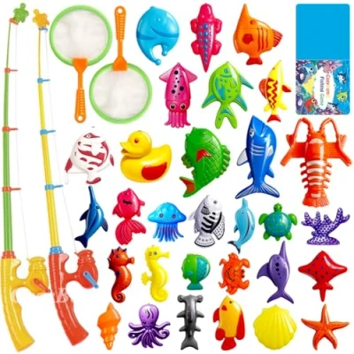 Imagen de Kids Magnetic Fishing Board Game Toys Set by ECLifeHack Bathtime Or Pool Party with Pole Rod Net Plastic Floating Fish Toddler Education Teaching and Learning of Colors Ocean Sea Animals