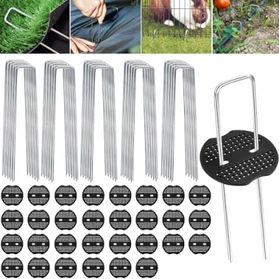 Imagen de Frasheng Grapas Césped Artificial, 100 para Jardín y 30 Arandelas, 150x30x3mm, Acero Galvanizado, Malla Antihierba, Cesped Artificial Jardin