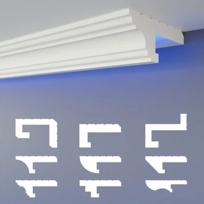 Imagen de HEXIMO LED Perfil de sombra Molduras estuco, iluminación indirecta Techo placas yeso poliestireno XPS luz abocinada (Muestra HLED 16)