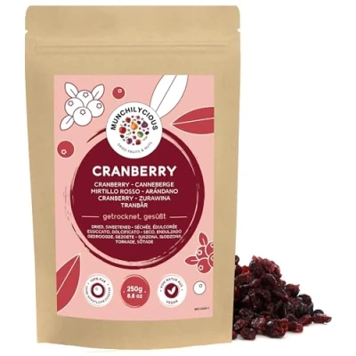 Imagen de Arándanos secos 250g de Munchilycious, frutos secos, endulzados con jugo manzana, complemento perfecto para muesli, cereales, gachas desayuno y batidos