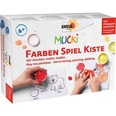 Imagen de KREUL 29100 Mucki Wir mischen, malen, tupfen Juego de pintura dedos con 5 botes 50 ml, 2 mezcla y 10 plantillas dibujo aprendizaje