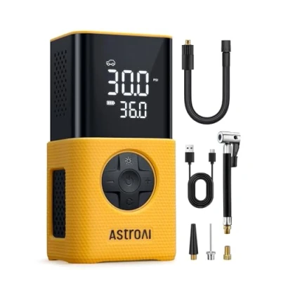Imagen de AstroAI Compresor Aire Portátil, Inflador Ruedas Coche, Hinchador Coche con Batería Recargable y Luz LED para Bicicletas, Moto Etc. (Amarillo)