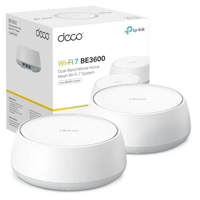 Imagen de TP Link Deco BE3600 (2 Pack) WiFi 7 Mesh tribanda hasta 6.6 Gbps, Amplia Cobertura para Toda la casa, Puerto 2.5G, Ideal Streaming 8K, Juegos y conexión Estable con AI