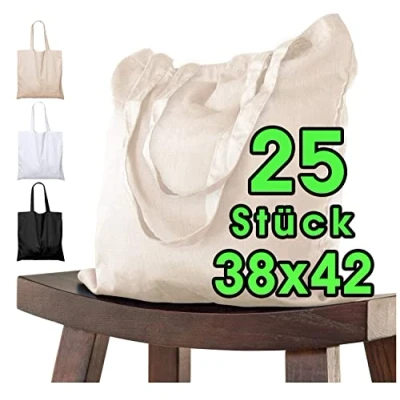 Imagen de bolsa de algodón 38x42 cm 25 piezas sin imprimir, dos asas largas con certificación OEKO TEX® tela, transporte, algodón, compras, yute, Naturaleza