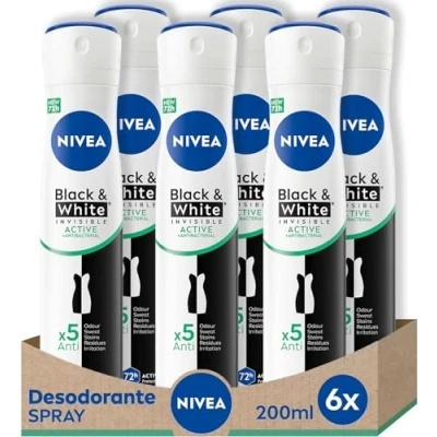 Imagen de NIVEA Black &amp; White invisible Active Spray en pack de 6 (6 x 200 ml), desodorante antimanchas cuidado femenino, para proteger la piel y ropa