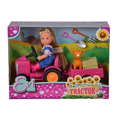 Imagen de Simba Evi Love Tractor 105733518 Muñeca en su con Remolque, Animal, Bola de heno, Pala y horca, 12 cm, Adecuado para niños a Partir 3 años
