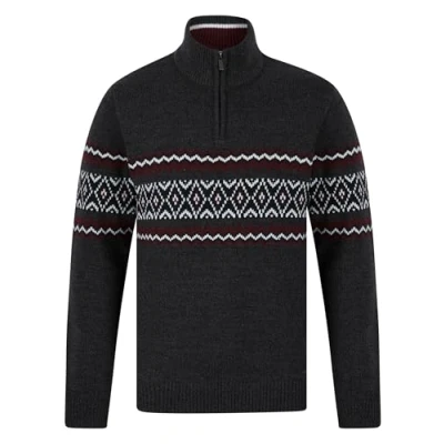 Imagen de Tokyo Laundry Jersey de punto Nordic Fair Isle con cremallera un cuarto para hombre, gris oscuro, M