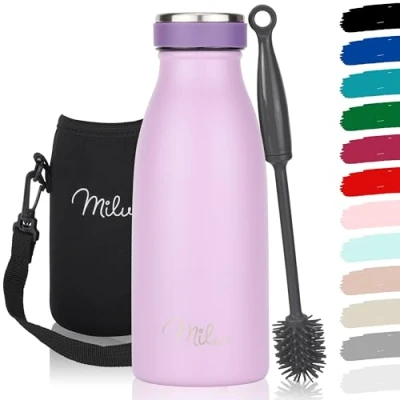Imagen de Milu botella de acero inoxidable 350ml 500ml 750 ml 1 L 1,5 agua aislada, termo a prueba fugas, doble pared, apta para ácido carbónico + cepillo limpieza (Lilac, 350ml)