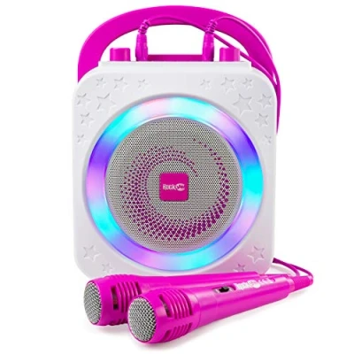 Imagen de RockJam Máquina de karaoke Bluetooth recargable 10 vatios con dos micrófonos, efectos cambio voz y luces LED Rosa