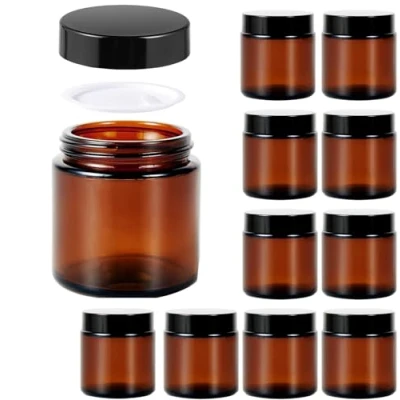 Imagen de 10 tarros vacíos de cristal ámbar, 100 ml, frascos crema, recipientes vacíos, rellenables, con tapa y forro para cosméticos, cremas, lociones, aceites esenciales, botellas dispensadoras polvo