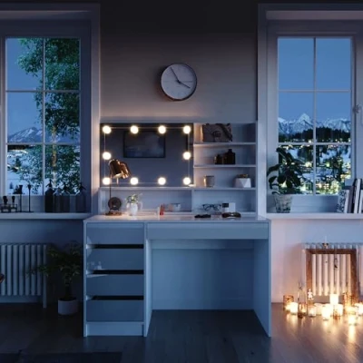 Imagen de Vicco Tocador Sherry, Blanco Alto Brillo, 120 cm con iluminación LED y Estante Espejo