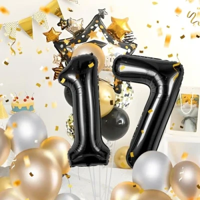 Imagen de Globos de 17 cumpleaños,Negro pulgadas Globo número, decoraciones número cumpleaños para hombre y mujer, inflable lámina Negro