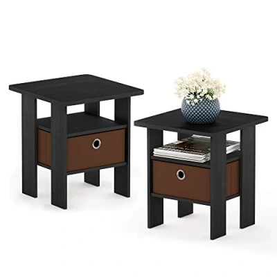 Imagen de Furinno Andrey Mesita de noche con contenedor almacenamiento, Americano/Marrón Mediano, Pack 2