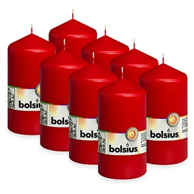 Imagen de Bolsius velas lisas, color rojo, juego de 8 unidades, decorativas para el hogar, longitud combustión 43 horas, sin perfumar, cera vegetal natural, 13 x 7 cm