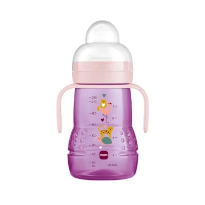 Imagen de MAM Trainer+ Instrucciones en idioma extranjero (220 ml), botella de transición a taza, taza para aprender beber con tetina, pico y asa, 4 meses, tortuga, lila