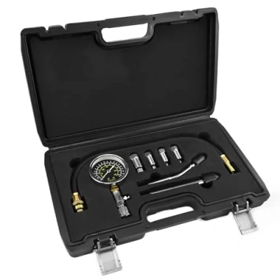 Imagen de QWORK® Juego de comprobador compresión para motores gasolina, medidor del cilindro motor con rango medición 300 PSI, incluye adaptador M10 M12 M14 M18