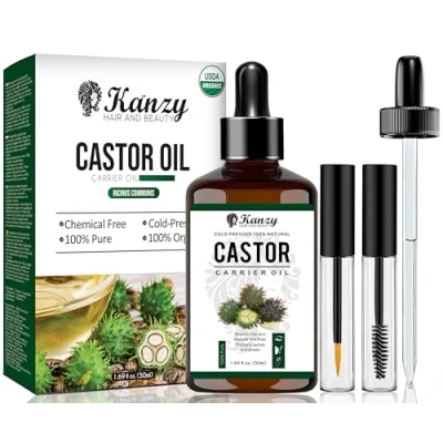 Imagen de Kanzy Aceite de Ricino para Pestañas y Cejas 50ml Puro Cabello, Barba, Uñas, Cuerpo el Rostro Prensado en Frío, Ideal Pelo Crecimiento Cabello Castor Oil con Cepillos