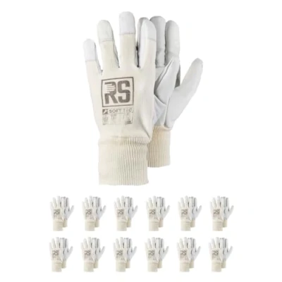 Imagen de RS Soft Tec 9 Guantes de Montaje Piel Cabra Reforzada/Talla 9, 12 Pares/Blanco/Guantes Montaje/Guantes Trabajo Cuero para Hombre y Mujer Resistentes