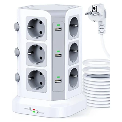 Imagen de [5M Cable] KOOSLA Regleta Vertical con 12 enchufes y 6 USB A,Enchufe Multiple 3 interruptores Individuales,Cable de 5M,Regleta Proteccion sobretension,Blanco…