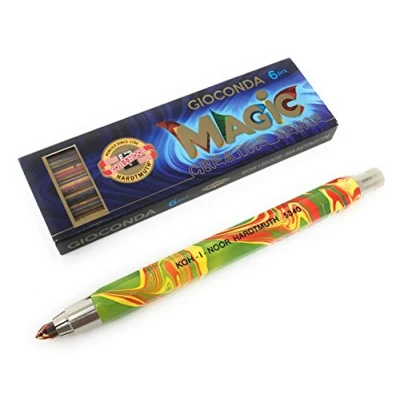 Imagen de KOH I NOOR Caso Lápiz/portaminas de metal con sacapuntas Mina 5.6 mm Magic (Multicolor) Arco iris lápiz Varias opciones, color carbón 1 Magicstift mit 6 Multicolorminen