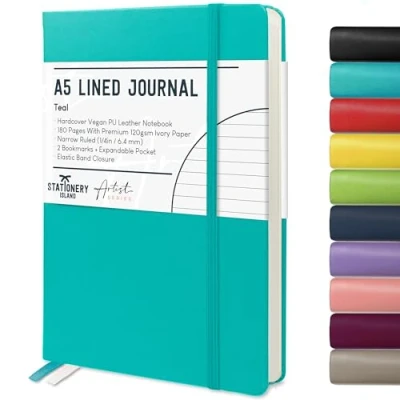 Imagen de Stationery Island Cuaderno Rayado A5, Tapa Dura con Forro de Libreta Papel Grueso Premium 120 g/m², 180 Páginas Rayas Para Escribir, Estudiar, Planificar, Escribir en Diario