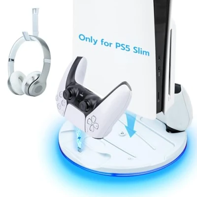 Imagen de Tolesum Soporte para PS5 Slim, Estación de Carga con LED Slim Digital/Disc Edition, Base Cargador Controlador Dual Auriculares Blanco