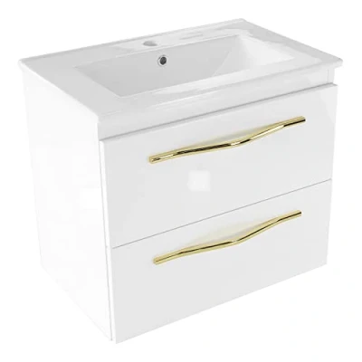 Imagen de paplinskimoebel Juego de muebles baño GIRONA60, armario bajo + lavabo, 60 x 39 55 cm, empotrado cerámica, cuerpo brillante, blanco dorado, colgante, estilo glamour