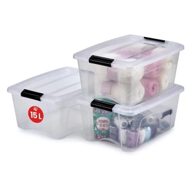 Imagen de Iris Ohyama 3 Cajas de almacenamiento con tapas, 15L, Transparente, Clips Cierre, Duradero, Apilable, para Dormitorio, Armario, Oficina, Organizadora, Ropa, Libre BPA, NTB 15