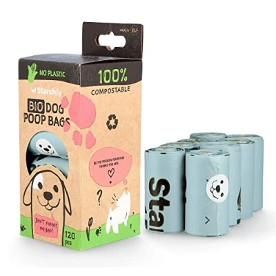 Imagen de Starchly bolsas compostables para residuos de perros, ecológicas, a prueba fugas, materiales base almidón, 120 (8 rollos 15), color azul