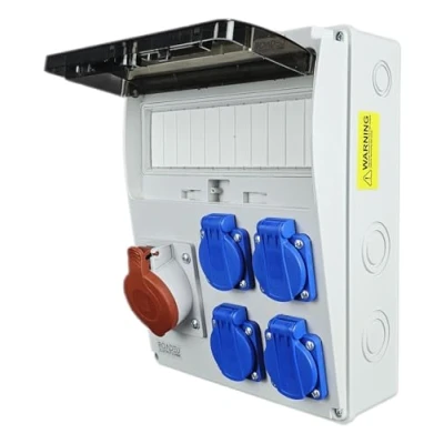 Imagen de RoadEu Distribuidor de pared. Enchufe CEE 32 A con 4 enchufes Schuko 230 V. corriente para construcción interiores y exteriores. completamente