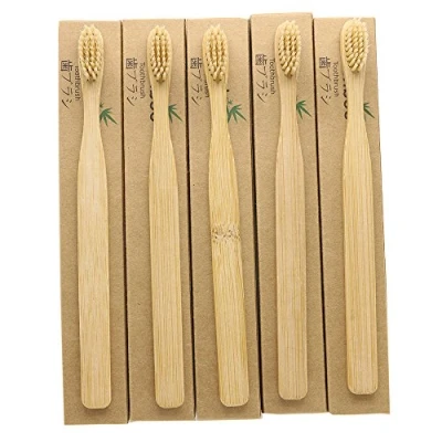 Imagen de Cepillos de dientes N amboo bambú, 5 unidades, respetuosos con el medio ambiente, biodegradables, ecológicos, naturales, para blanquear los dientes, cerdas nailon suaves, color beige